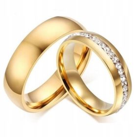   Zlata poročna zaročna obročka s cirkoniji, 316L jeklo, 1 kos