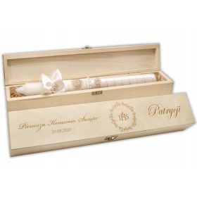   Gravura za zlato svečo za prvo obhajilo IHS + lesena škatla ekološke ravni