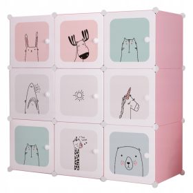   Roza modularna omara za otroke CUBES ANIMALS 110 x 110 x 37 cm - idealna za shranjevanje igrač, oblačil in dodatkov v otroški sobi. Ta otroška omara vsebuje 9 polic za organizacijo otroških stvari. Vs