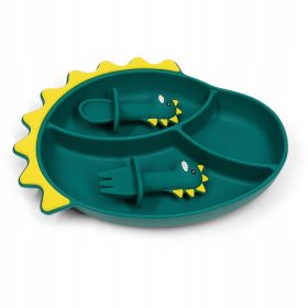   Silikonski set za otroke s ploščo s priseskom in jedilnimi pripomočki v obliki dinozavrov