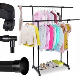   rn Kovinski Stojeci Obešalnik z Dvojnim Držalom za Oblačila in Polico za Čevlje