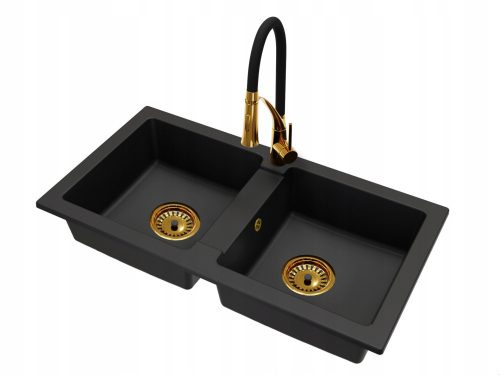 Granitno korito za pomivanje z dvema komorama BRADO BORYS, pipa NEXO v zlati barvi, sifon GOLD, črni granit
