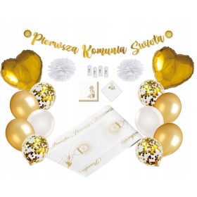   Eleganten komplet za prvoobhajilo z vsem, kar potrebujete za popolno praznovanje prve svete obhajilne slovesnosti. Vključuje tekač za serviete, dekorativne girlande, balone, svečke in več. Razkošen se