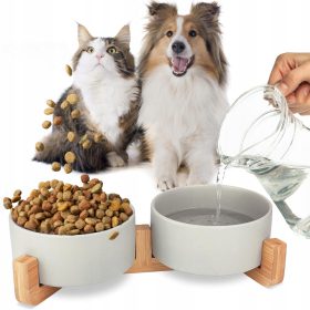    Set dveh skled za hranjenje večih kužkov hkrati, keramika Mersjo, odtenki sive, 0,8 l