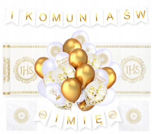 Zestaw dekoracij za prvo obhajilo s kompletom balonov, tekačem in dodatki
