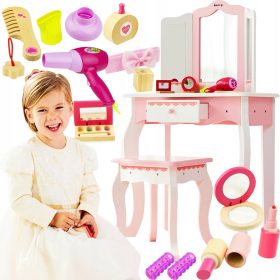   Dekorativna otroška lesena toaletna mizica s stolčkom v roza barvi