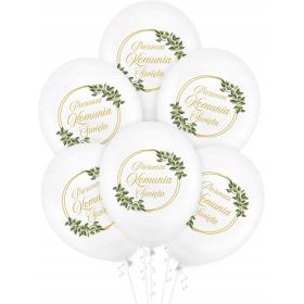   Baloni za prvo sveto obhajilo | Visokokakovostni lateks baloni z enostranskim zlatim tiskom Prvega svetega obhajila v krogu. Skupaj z zelenimi vejicami evkaliptusa tvorijo eden najbolj modnih motivov 