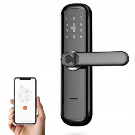   Elektronska pametna ključavnica za vrata z odtisom prsta, kartico RFID, kodo PIN in WiFi povezljivostjo. Zamenjajte svojo obstoječo ključavnico z moderno in varno rešitvijo. Idealen za najemna stanova