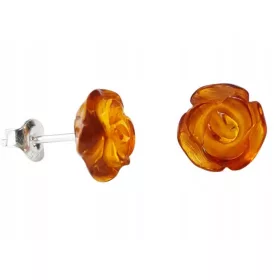  Srebrni uhani ROSE, čepki z JANTARJEM, certifikat.