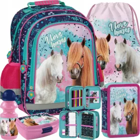   Večnamenski šolski nahrbtnik Derform s konjičkom, komplet za deklice