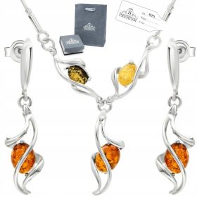   Elegantni komplet nakita iz srebra 925 z jantarnimi in diamantnimi detajli