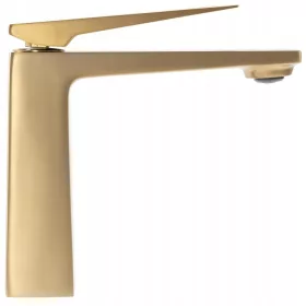   Rea Parker stojeca armatura za umivalnik zlata mat, elegantna in moderna baterija z visoko kakovostnega mosaznega materiala. Ta umivalnik ima višino 16,5 cm in zasičenje wylewki 12 cm, primeren za vse