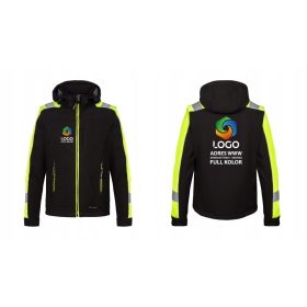 Delovna softshell jakna z opozorilnim tiskom in kapuco