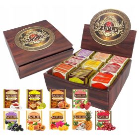   Sadni čajni set z 9 okusi Basilur - idealno darilo! Ta ekskluzivni čajni set vključuje 90 različnih vrst čajev, kot so Caribbean Cocktail, Cranberry, Forest Fruit, Indian Summer, Orange Peach, Raspber