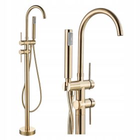   Slim Tube Gold Freestanding Floor-mounted Bathtub Faucet with Handheld Shower