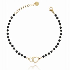   Elegantna zapestnica s črnimi jeklenimi perlami in ljubezenskimi srčki