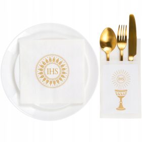   Komplet dekoracije za prvo obhajilo z zlatimi prtički in ovitki za pribor