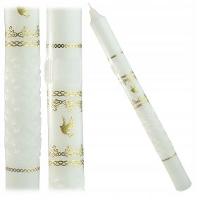   Bela sveča za krst ali prvo obhajilo z zlatimi okraski in sliko + brezplačen okapnik