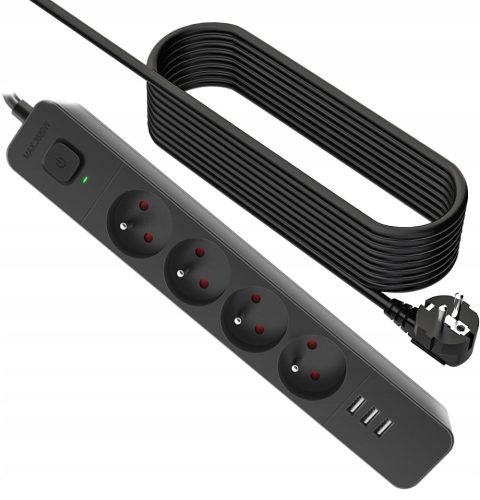 Podaljšek z USB razdelilnikom, Defender 4 GNIAZDA + 3 USB, 5m, črna