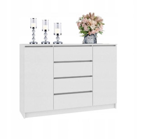 Kakovostna komoda COCO s 2 vrati in 4 predali, dimenzij 120 x 40 x 97 cm, v elegantnem mat beli barvi. Izdelana iz visoko kakovostnih materialov, kot je 16 mm laminirana plošča Kronospan. Robovi so ob