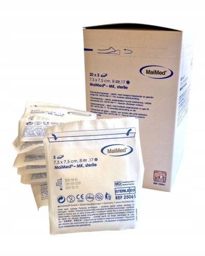 Sterilni gazni obkladki Maimed 7,5 cm x 7,5 cm - 8-slojni, 17-nitni, paket 20 x 5 kosov