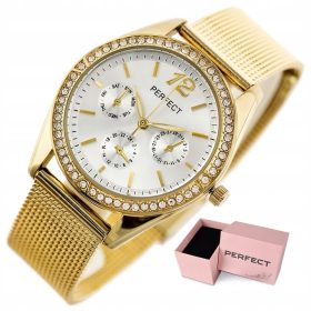   Zlati ženski ročni ura Perfect Adelle s kubičnimi cirkoni in gravuro na škatli