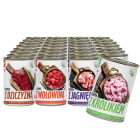   Zdrava pasja hrana z mešanico okusov za odrasle pse vseh pasem. Vključuje 30 pločevink po 800g različnih okusov: govedina, jagnjetina, králik in divjačina. Vsaka pločevinka vsebuje 65% mesa in živalsk