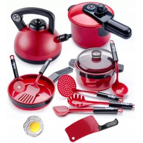 Kinderini komplet rdečih lončkov in pribora, 14 kosov