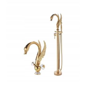   Golden Vintage Freestanding Bathtub Faucet + Retro Style Sink Set