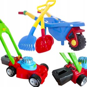   VELIK KOMPLET za vrtno igro - taczka, kosilnica, kalupi, lopata