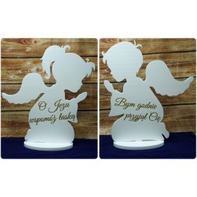   Angelčki za prvo obhajilo, okraski iz kakovostnega stiropora, višina 99 cm, širina 85 cm (chlapec) in 88 cm (dekle), skupna dolžina po razgrnitju 185 cm, debelina 3 cm, bela barva, napis z zlato folij