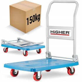   Platformski voziček za prevoz tovora HIGHER®️, 4-kolesni s kapaciteto do 150 kg in poliuretanskimi kolesi premera 100 mm (zadnji 2 kolesi so vrtljiva za 360°). Dimenzije tovorne plošče ▸ 72 cm x 48 cm