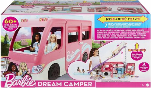 Barbie Dream Kamp prikolica z velikanskim toboganom, 60 igralnih elementov, 76 cm dolg tobogan