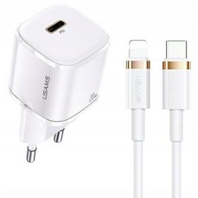   USAMS Omrežni polnilec 20W z USB-C za iPhone in kabelom Lightning, bel