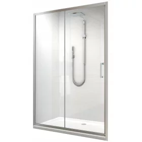   Vrata za tuš Zoe 120 x 195 cm s steklom in aluminijastim profilom, prilagodljiva za montažo v levo ali desno stran ter na tla ali prho. Profil je reguliran za 15 mm, s čistim hartanim steklom in kromi