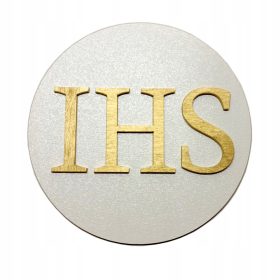   Bela hostija s pisavo IHS v zlatu - dekoracija za prostor/dom ob prvi sveti obhajilni slovesnosti. Izdelana iz HDF materiala z dvostranskim belim lakom, pisava iz skleje v barvi zlata. Premer 15 cm, m