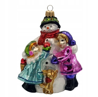 STEKLENI BOŽIČNI KROGI Snežak z otroki, 13 cm