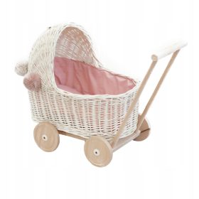 Pleteni voziček za punčke WIKLINA - Roza obroba, beljen