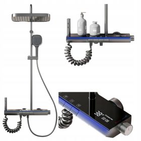   Ari Nano črna stenska tuš garnitura s termostatom in LED osvetlitvijo