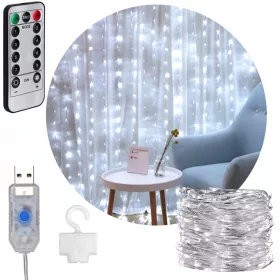   SVETLOBNA ZAVESA 300 LED LUČKE USB GIRLANDA 3x3m HLADNO BELA
