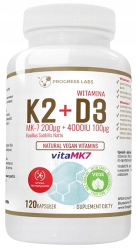 Progress Labs Vitamins K2 VitaMK7 200μg + D3 4000IU s Prebiotikom - 120 Rastlinskih Kapsul