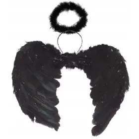    Komplet Fallen Angel, črna krila 60x45 cm + črn halo za noč čarovnic