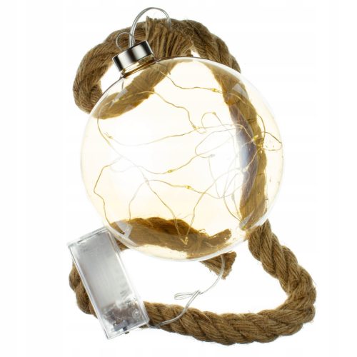 Velika steklena krogla 14 cm z LED osvetlitvijo na debeli vrvi iz jute