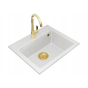   DARFOR DG016 granitno pomivalno korito, belo z zlato baterijo in syfonom