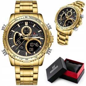   Moška ura Naviforce NF9182 z zlatim pasom in funkcijami budilke, stoparice ter osvetlitvijo je popolno darilo za moškega v vašem življenju. Ta eleganten in funkcionalen kos ima kvartni mehanizem SEI K