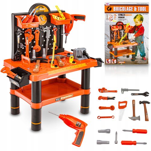 DIY set, woodworking workshop, table, keys, saw, portable vice