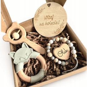 Držalo za dudo Lis z imenom, večbarvno