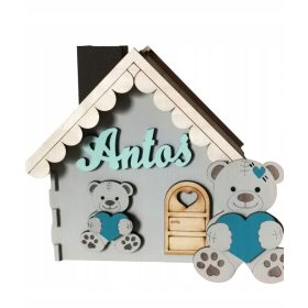   Lesena skrinjica z imenom za varčevanje, unikatna lesena hišica za punčke