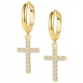    Viseči zlati uhani s križcem na kaveljčku in cirkoni, križec iz srebra 925