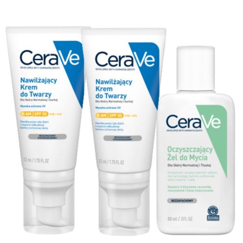Komplet CeraVe: Vlažilna krema za obraz SPF 50 in Čistilni gel, Idealen za normalno in suho kožo